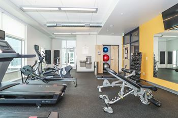 A gym with treadmills, weights, and exercise equipment.